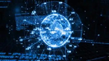 Tüm dünyada bağlantılar ve veri işleme ağlarının animasyonu. Dijital olarak oluşturulmuş küresel bağlantılar, hesaplama ve veri işleme kavramı.