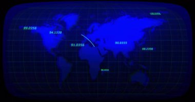 Dünya haritasında finansal veri işleme animasyonu. Küresel finans, iş, bağlantılar, hesaplama ve veri işleme kavramı dijital olarak oluşturulmuş video.