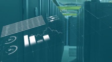 Bilgisayar sunucuları üzerinden finansal veri işleme animasyonu. Dijital olarak oluşturulmuş küresel bağlantılar, hesaplama ve veri işleme kavramı.