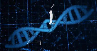 Siyah arka planda dönen DNA ipliği üzerinde dijital veri işleme animasyonu. Küresel bilim, bağlantılar, hesaplama ve veri işleme kavramı dijital olarak oluşturulmuş video.