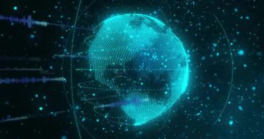 Tüm dünyada şema ve veri işleme animasyonları. Sosyal medya, teknoloji ve dijital arayüz kavramı dijital olarak oluşturulmuş video.
