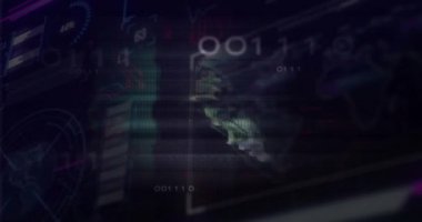 İkili kodlama ve Asyalı erkek hacker ile dijital veri işleme animasyonu. Dijital olarak oluşturulmuş küresel çevrimiçi güvenlik, bağlantılar, hesaplama ve veri işleme kavramı.