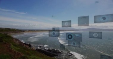 Manzara üzerinde veri işleme animasyonu. Teknoloji, doğa ve dijital arayüz kavramı dijital olarak oluşturulmuş video.