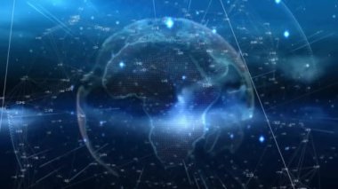 Dünya ve veri işleme üzerindeki bağlantı ağının animasyonu. Teknoloji, iş ve dijital arayüz kavramı dijital olarak oluşturulmuş video.
