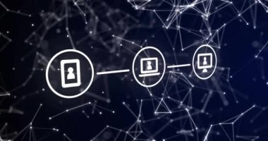 Hareket eden şekiller üzerinde medya simgelerinin canlandırılması. İş, teknoloji ve dijital arayüz kavramı dijital olarak oluşturuldu.