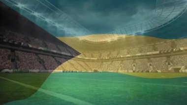 Boş stadyumun üzerinde Bahama bayrağının animasyonu. Küresel spor, bayraklar ve dijital arayüz konsepti dijital olarak oluşturulmuş video.