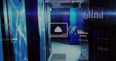 Bilgisayar sunucuları üzerinde dijital veri işleme animasyonu. Dijital olarak oluşturulmuş küresel bağlantılar, hesaplama ve veri işleme kavramı.