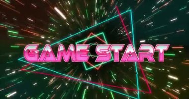 Neon desenli arkaplan üzerinden oyunun animasyonu. Küresel video oyunu, dijital arayüz, iletişim, bilgisayar ve veri işleme kavramı dijital olarak oluşturuldu.