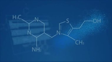 Kimyasal formülün animasyonu ve mavi arka planda veri işleme ile DNA ipliği. Teknoloji, bilim ve dijital arayüz kavramı dijital olarak oluşturulmuş video.