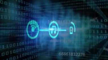 Karanlık arkaplanda ikili kodlama dijital veri işleme üzerine bağlantıları olan simgelerin canlandırılması. Dijital olarak oluşturulmuş küresel bağlantılar, hesaplama ve veri işleme kavramı.