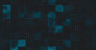 Titreyen kareler üzerinde dijital veri işleme animasyonu. Dijital olarak oluşturulmuş küresel bağlantılar, hesaplama ve veri işleme kavramı.