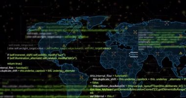 Dünya haritası üzerinde dijital veri işleme animasyonu. Dijital olarak oluşturulmuş küresel yapay zeka, bağlantılar, hesaplama ve veri işleme kavramı.