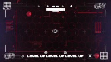 Dijital veri işleme animasyonu ve metin düzeyi. Dijital olarak oluşturulmuş video oyunu, bağlantılar, hesaplama ve veri işleme kavramı.