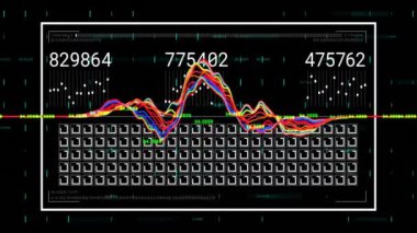 Dijital şebeke üzerinde renkli veri grafikleri ve numaralar animasyonu. analitik, teknoloji, fütüristik, bilgi, görselleştirme, grafikler