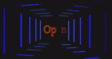 Siyah arkaplanda neon çizgiler üzerinde açık metin animasyonu. İletişim, şekiller, renkler, arkaplan ve dijital arayüz kavramı dijital olarak oluşturuldu.