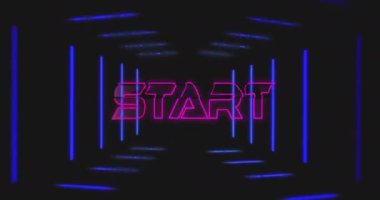 Başlangıç metninin mavi şekiller üzerindeki canlandırması. Sosyal medya, teknoloji ve dijital arayüz kavramı dijital olarak oluşturulmuş video.