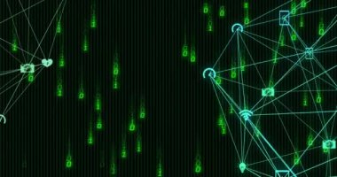 Simgeleri ve bağlantıları olan gezegenler üzerinde ikili kodlama ve dijital veri işleme animasyonları. Dijital olarak oluşturulmuş küresel bağlantılar, hesaplama ve veri işleme kavramı.