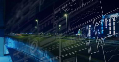 Dijital veri ve şematik animasyon. Gece boyunca ışık yollu şehir manzarası. Teknoloji, kentsel