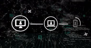 Simgeler ve dijital veri işleme ile bağlantıların animasyonu. Dijital olarak oluşturulmuş küresel bağlantılar, hesaplama ve veri işleme kavramı.