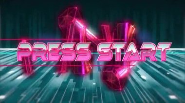 Basın başlangıç metninin animasyonu ve gri şekiller üzerinde kırmızı kristaller. Teknoloji, sosyal medya ve dijital arayüz konsepti dijital olarak oluşturulmuş video.