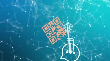 Akıllı telefondan qr kodunun, bağlantıların ve dijital veri işlemenin animasyonu. Dijital olarak oluşturulmuş küresel bağlantılar, hesaplama ve veri işleme kavramı.