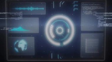 Kapsam taramasında dijital veri işleme animasyonu. Dijital olarak oluşturulmuş küresel bağlantılar, hesaplama ve veri işleme kavramı.