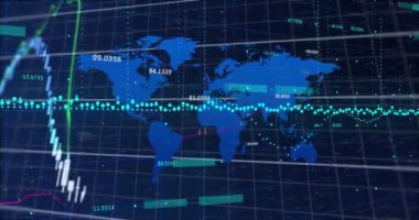 Dünya haritasında finansal veri işleme animasyonu. Küresel finans, iş, bağlantılar, hesaplama ve veri işleme kavramı dijital olarak oluşturulmuş video.
