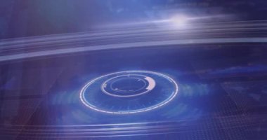 Dairesel arayüz ve fütüristik animasyon grafikleriyle veri işleniyor. Teknoloji, dijital, analitik