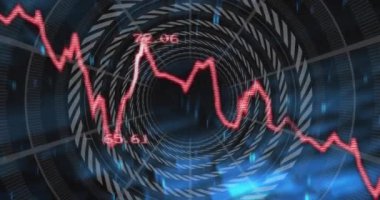 Siyah arkaplandaki halkaların üzerinde dijital veri işleme animasyonu. Dijital olarak oluşturulmuş küresel bağlantılar, hesaplama ve veri işleme kavramı.