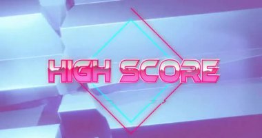 Mavi şekiller üzerinde yüksek skorlu metin animasyonu. Sosyal medya, teknoloji ve dijital arayüz kavramı dijital olarak oluşturulmuş video.