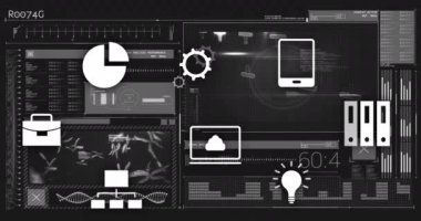 Teknolojik arkaplan üzerinde dijital arayüz elemanları olan veriler işleniyor. Teknoloji, fütüristik, yenilik, bilgisayar, elektronik, yazılım