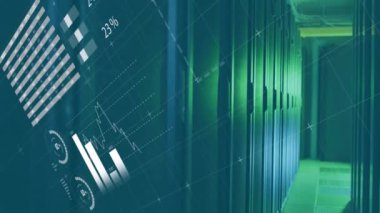 Bilgisayar sunucuları üzerinden finansal veri işleme animasyonu. Dijital olarak oluşturulmuş küresel bağlantılar, hesaplama ve veri işleme kavramı.