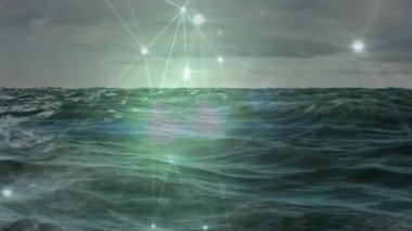 Okyanus dalgaları üzerinde bağlantı ağı ve veri işleme animasyonu. Teknoloji, ağ oluşturma, dijital, gelecekçi, siber