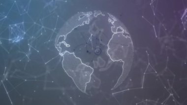 Hareket eden şekillerin üzerinde dönen dünyanın animasyonu. İş, teknoloji ve dijital arayüz kavramı dijital olarak oluşturuldu.
