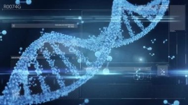 Dijital veri işleme ve DNA ipliklerinin animasyonu. Küresel bilim, dijital arayüz, bağlantılar, hesaplama ve veri işleme kavramı dijital olarak oluşturuldu.