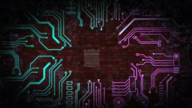 Devre kartında qr kodu ve dijital veri işleme animasyonu. Dijital olarak oluşturulmuş küresel bağlantılar, hesaplama ve veri işleme kavramı.