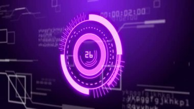 Mor arkaplan üzerinden tarama ve dijital veri işleme animasyonu. Dijital olarak oluşturulmuş küresel bağlantılar, hesaplama ve veri işleme kavramı.