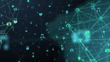Haber metninin animasyonu, karanlık arkaplan üzerindeki simgelerle bağlantı ağı. Dijital olarak oluşturulmuş küresel siber güvenlik, bağlantılar, hesaplama ve veri işleme kavramı.