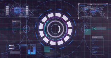 Fütürist veriler, dairesel ve ızgara elementlerle dijital arayüz işleniyor. Teknoloji, sanal, yenilik, siber, ağ, analiz