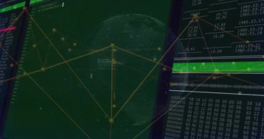 Bağlantı ağları üzerinden dijital veri işleme animasyonu. Dijital olarak oluşturulmuş küresel bağlantılar, hesaplama ve veri işleme kavramı.