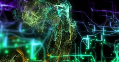 Parlak bağlantı ağı üzerinden dijital veri işleme animasyonu. Dijital olarak oluşturulmuş küresel bağlantılar, hesaplama ve veri işleme kavramı.