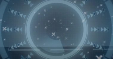 Oklarla ve sembollerle dönen dairesel arayüz, fütürist teknoloji animasyonu. dijital, tasarım, yenilik, konsept