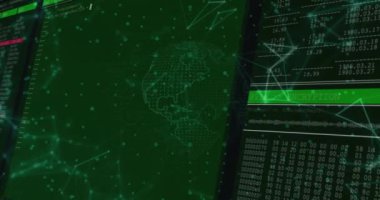 Bağlantı ağları üzerinden dijital veri işleme animasyonu. Dijital olarak oluşturulmuş küresel bağlantılar, hesaplama ve veri işleme kavramı.