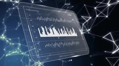 Karanlık arka planda istatistik ve dijital veri işleme animasyonu. Dijital olarak oluşturulmuş küresel bağlantılar, hesaplama ve veri işleme kavramı.