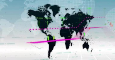 Dünya haritası üzerinde dijital veri işleme animasyonu. Küresel iş, bağlantılar, hesaplama ve veri işleme kavramı dijital olarak oluşturulmuş video.