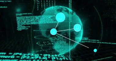 İkili kodlama, veri işleme, bağlantılar ve karanlık arkaplan üzerindeki dünya animasyonları. İş, bağlantılar, hesaplama ve veri işleme kavramı dijital olarak oluşturulmuş video.