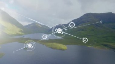 Veri işleme ve ağ bağlantıları manzara üzerinde animasyon. Teknoloji, bağlantı, dijital, geleceksel, iletişim