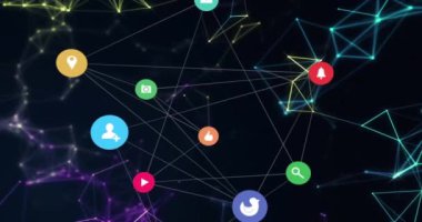 Veri işleme ve simgelerle bağlantı ağının animasyonu. Dijital olarak oluşturulmuş küresel bağlantılar, hesaplama ve veri işleme kavramı.