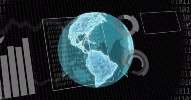 İkili kodlama animasyonu, dünya çapında dijital veri işleme. Dijital olarak oluşturulmuş küresel yapay zeka, bağlantılar, hesaplama ve veri işleme kavramı.