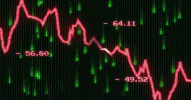 İkili kodlama ve finansal veri işleme görüntüsü. Küresel finans, iş, bağlantılar, hesaplama ve veri işleme kavramı dijital olarak oluşturuldu.